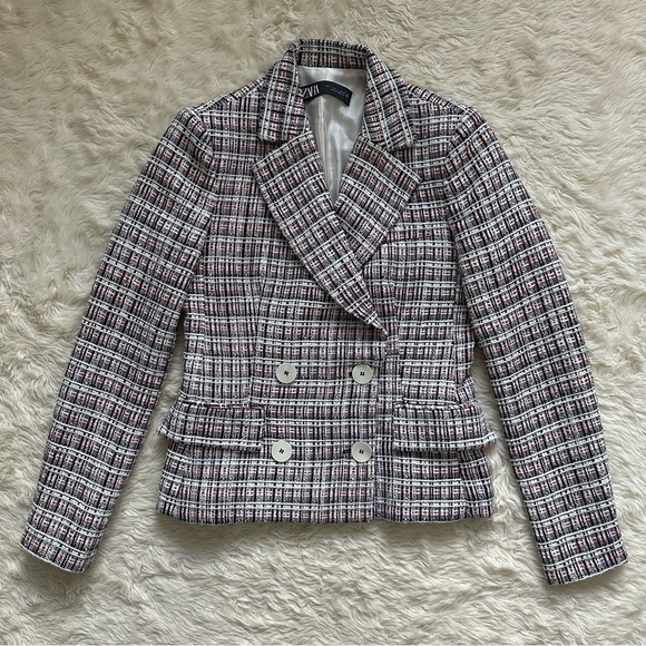 Zara Jacket Double Breasted Blazer Tweed Textured Long Sleeve Multicolor S - Picture 3 of 13